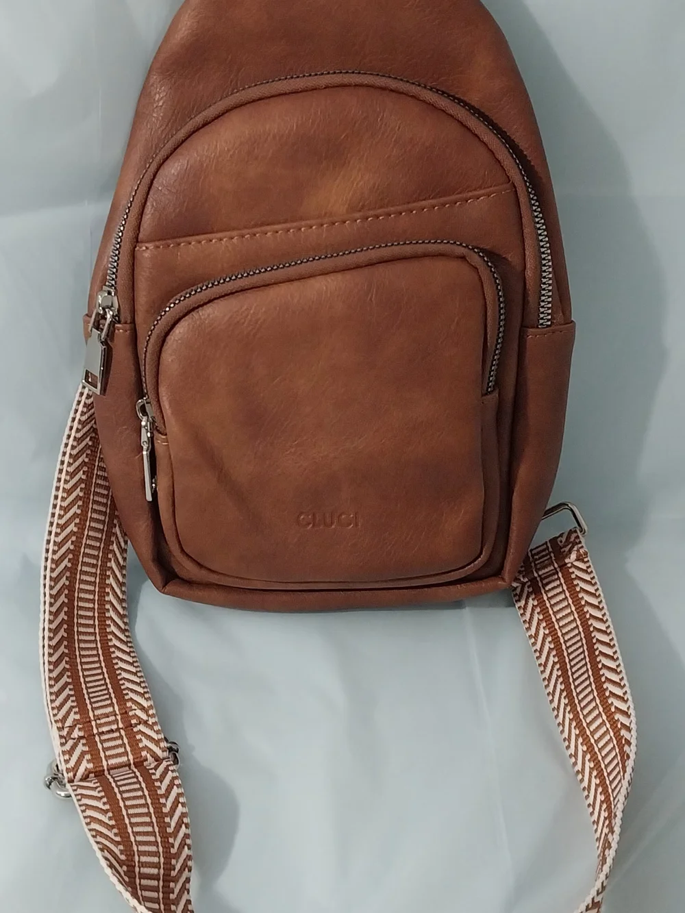 Cluci Vegan Faux Brown Leather Crossbody Sling Bag with Patterned Strap